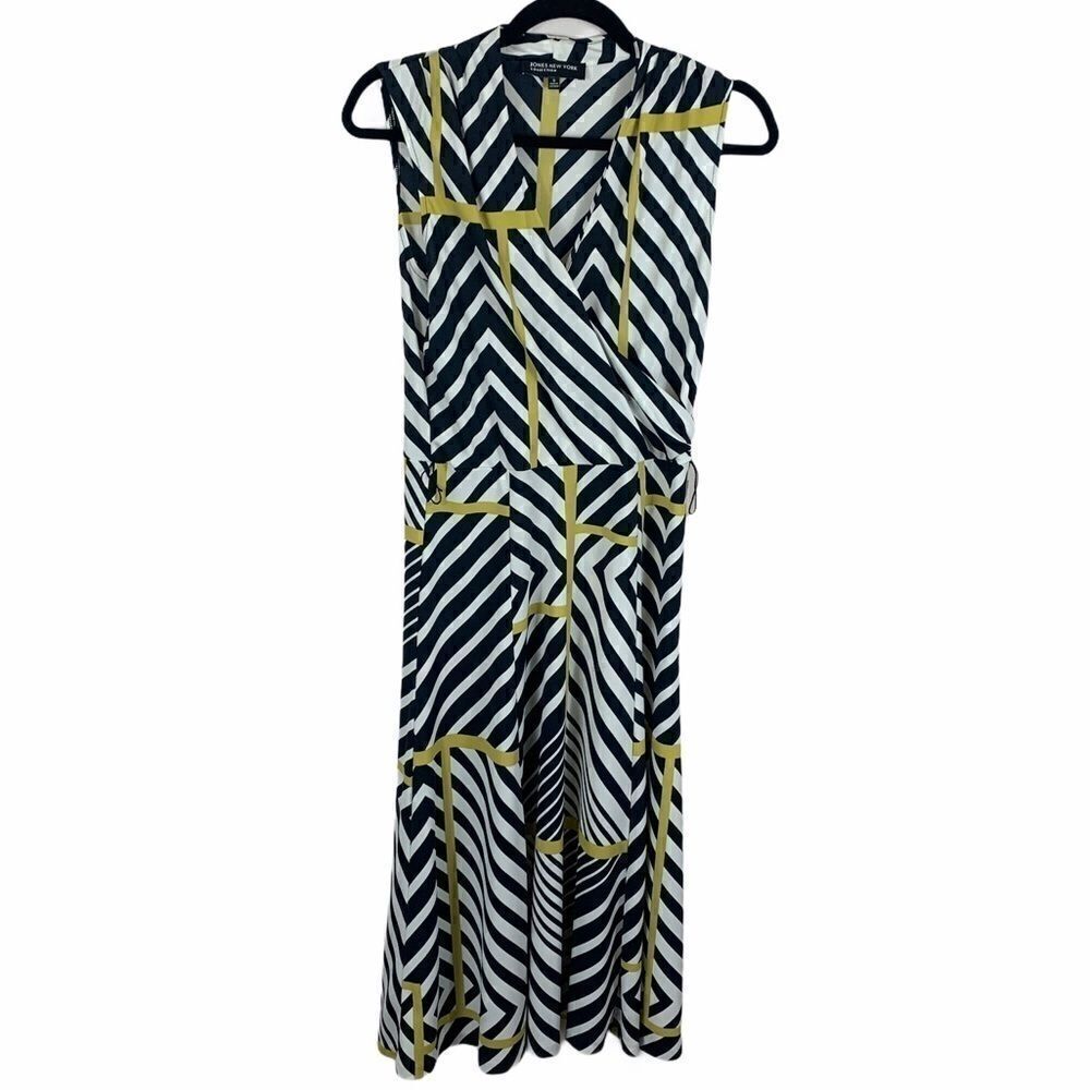 Jones New York Collection navy yellow lines dress